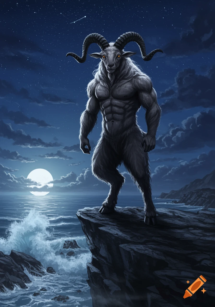 A muscular, goat-headed humanoid with glowing eyes stands on a rocky cliff overlooking a moonlit ocean at night.