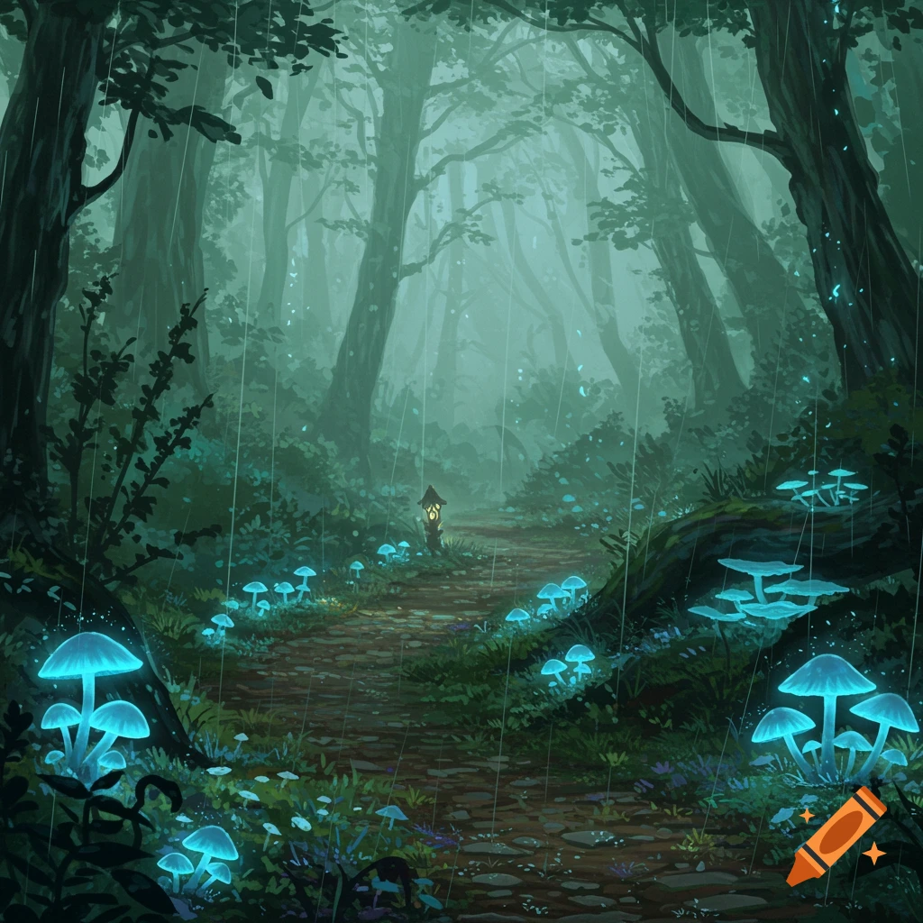 Rainy fantasy forest path with glowing blue mushrooms and a small lantern, in an illustrative style.