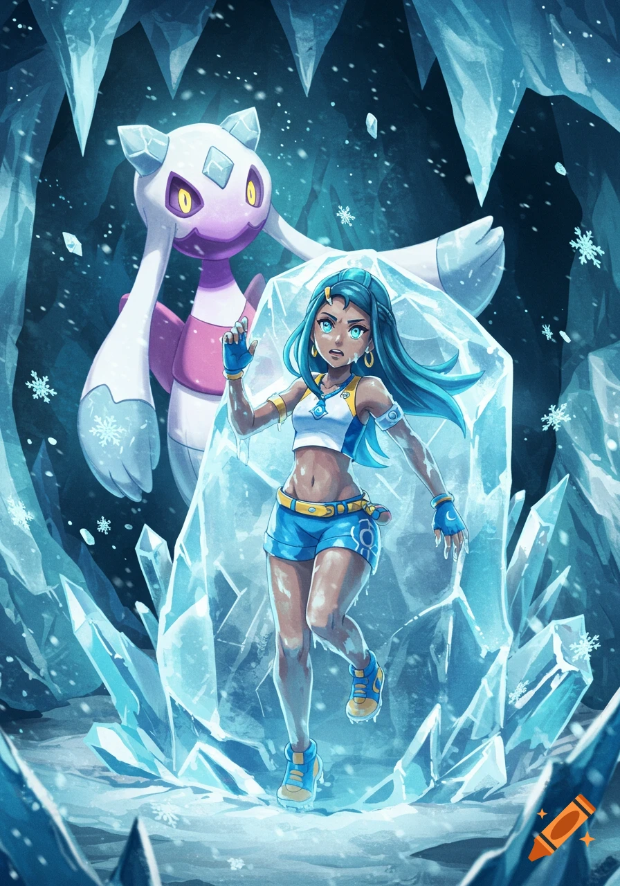 Nessa from Pok orobomon, partially frozen in a block of ice, stands startled as Froslass looms behind her in a snowy ice cave, in an anime style.