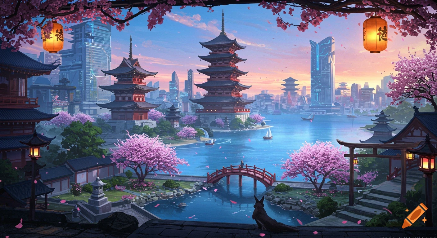 A vibrant futuristic city with traditional Japanese pagodas and modern skyscrapers across a blue bay, framed by pink cherry blossoms and illuminated lanterns.