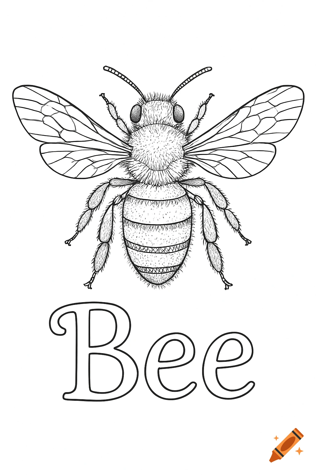 Black and white line drawing of a bee above the word Bee, suitable for a coloring page.