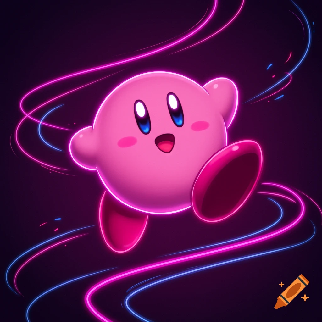 Pink Kirby character smiling, surrounded by glowing neon pink and blue lines on a dark background.