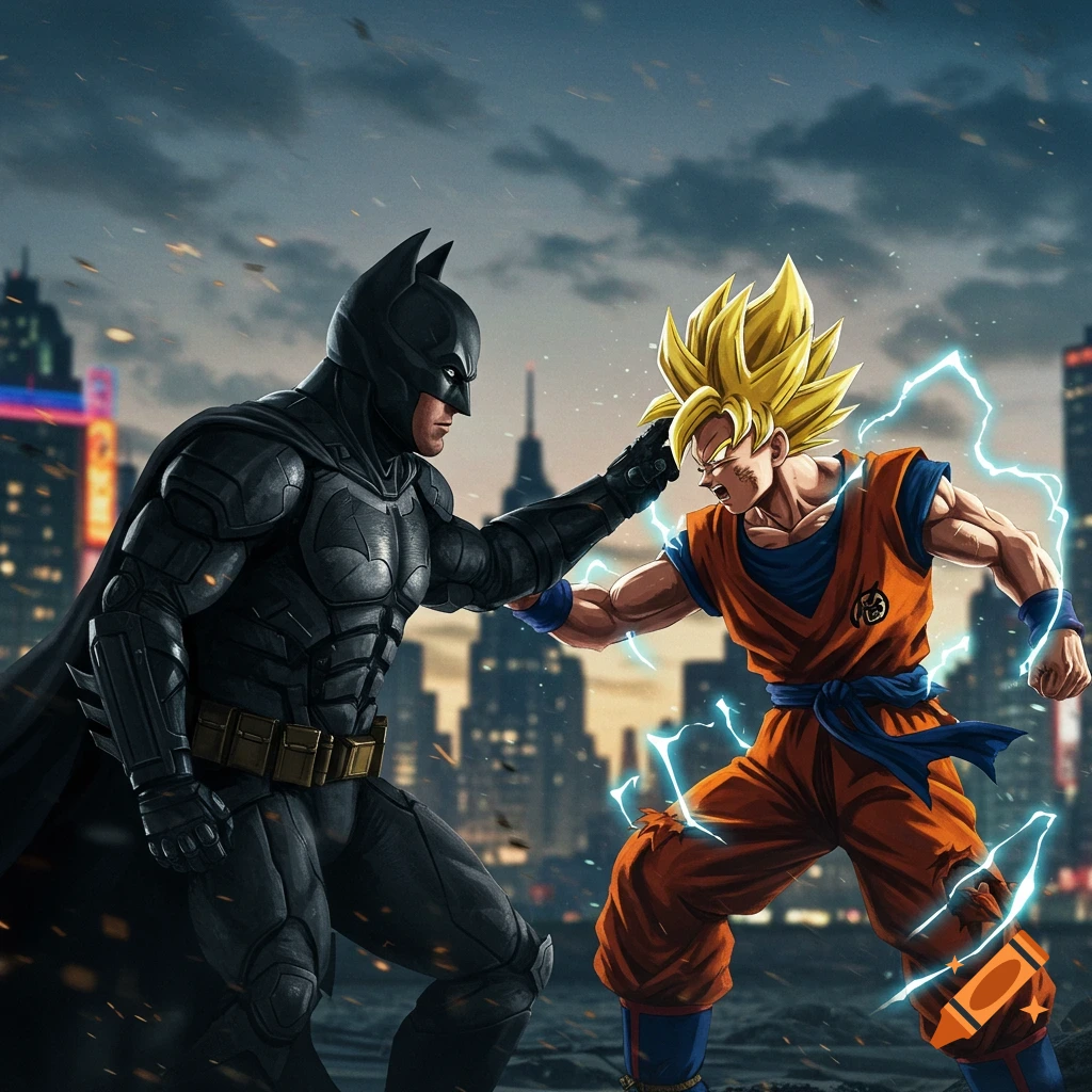 Batman punches Super Saiyan Goku in the face, with lightning effects around Goku, in a city setting.