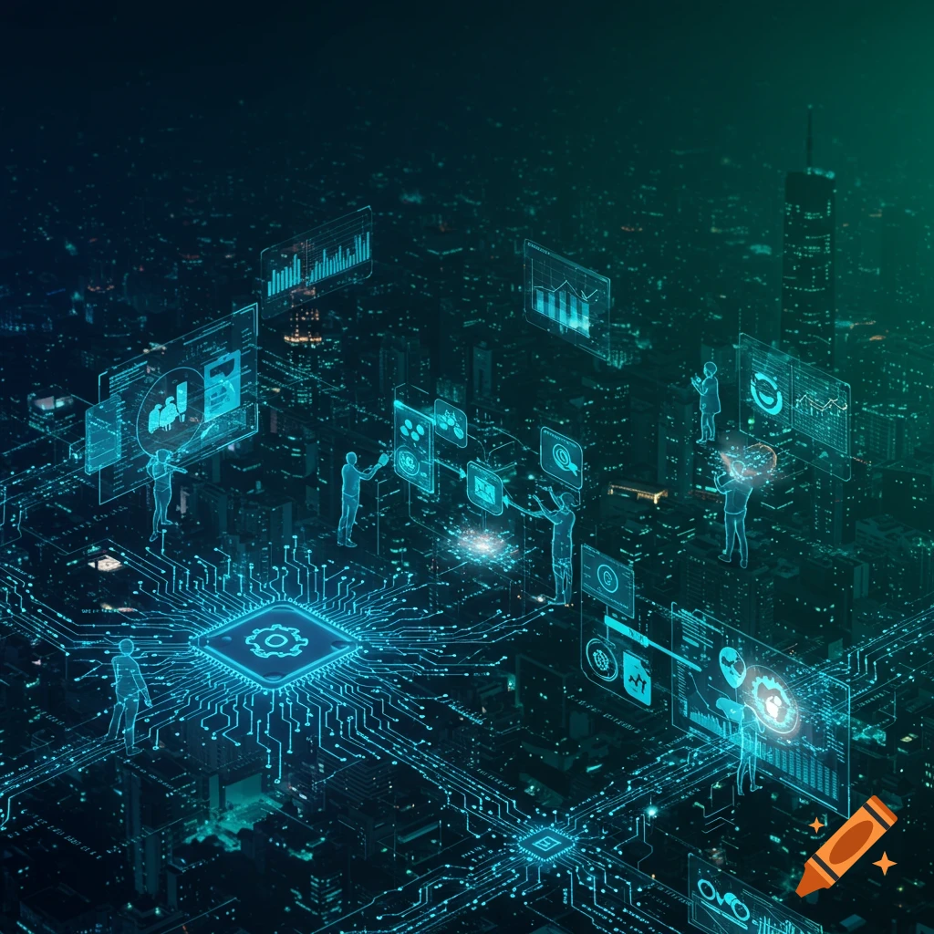 Digital artwork of a glowing circuit board and abstract figures interacting with holographic data over a dark, illuminated city.
