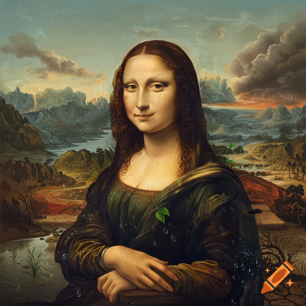 A portrait of Mona Lisa with cracked skin and water droplets, set against a background transitioning from lush to barren, symbolizing climate change.