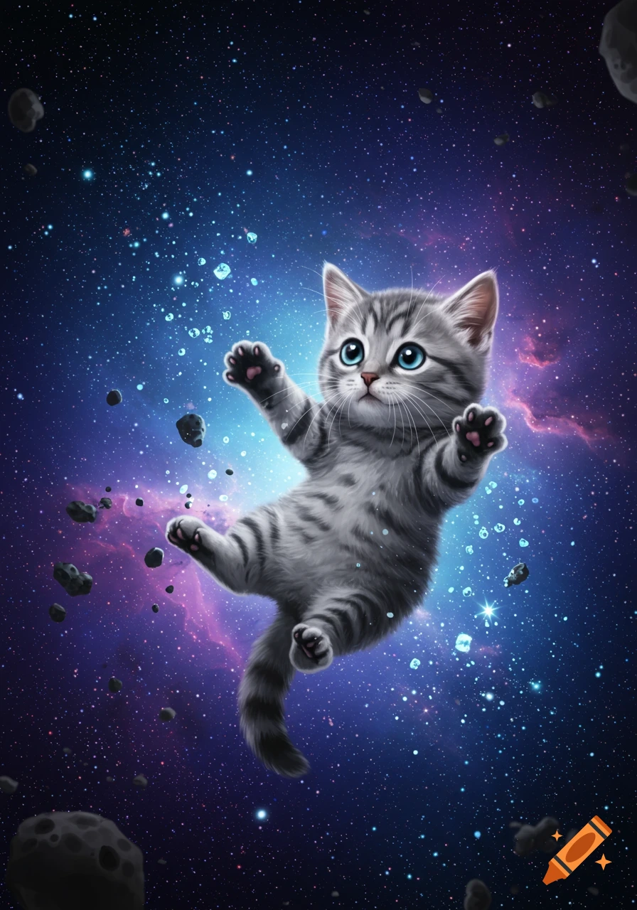 A cute, grey tabby kitten floats in outer space amidst stars, nebulae, and asteroids in an illustrative style.