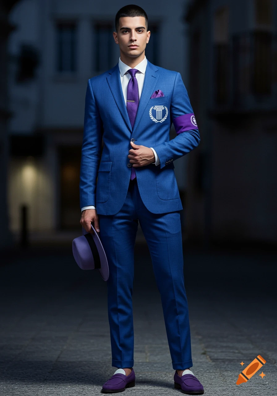 A male model in a blue suit with a purple tie, pocket square, and loafers, holding a matching purple fedora, stands outdoors at dusk.