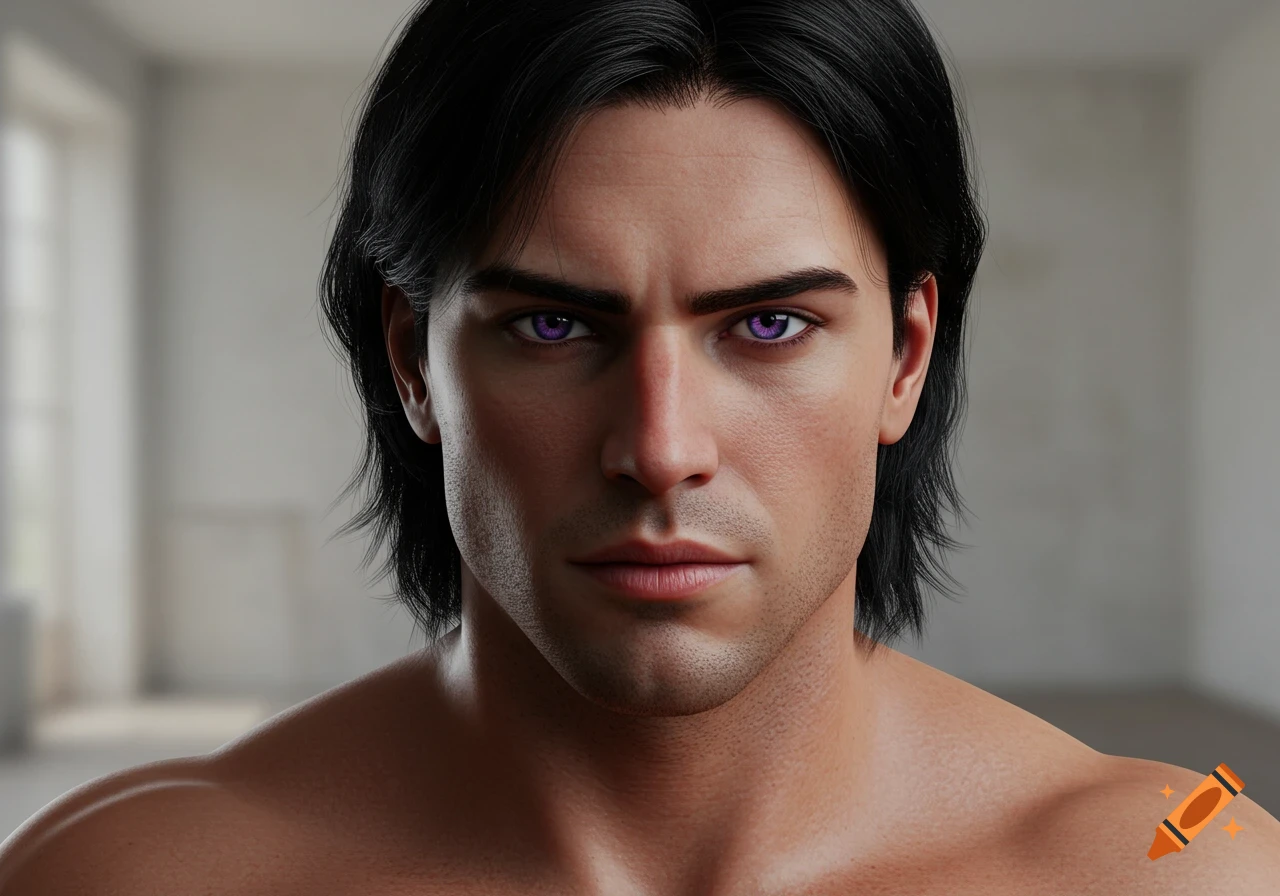 Close-up photorealistic portrait of a muscular man with black hair and striking purple eyes, looking directly at the viewer.