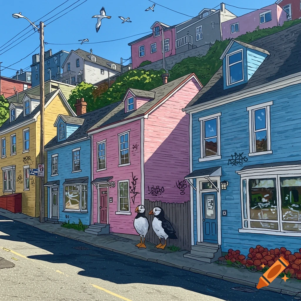 Colorful caricature art illustration of a street lined with jellybean row houses, two puffins on the sidewalk, and seagulls flying overhead.