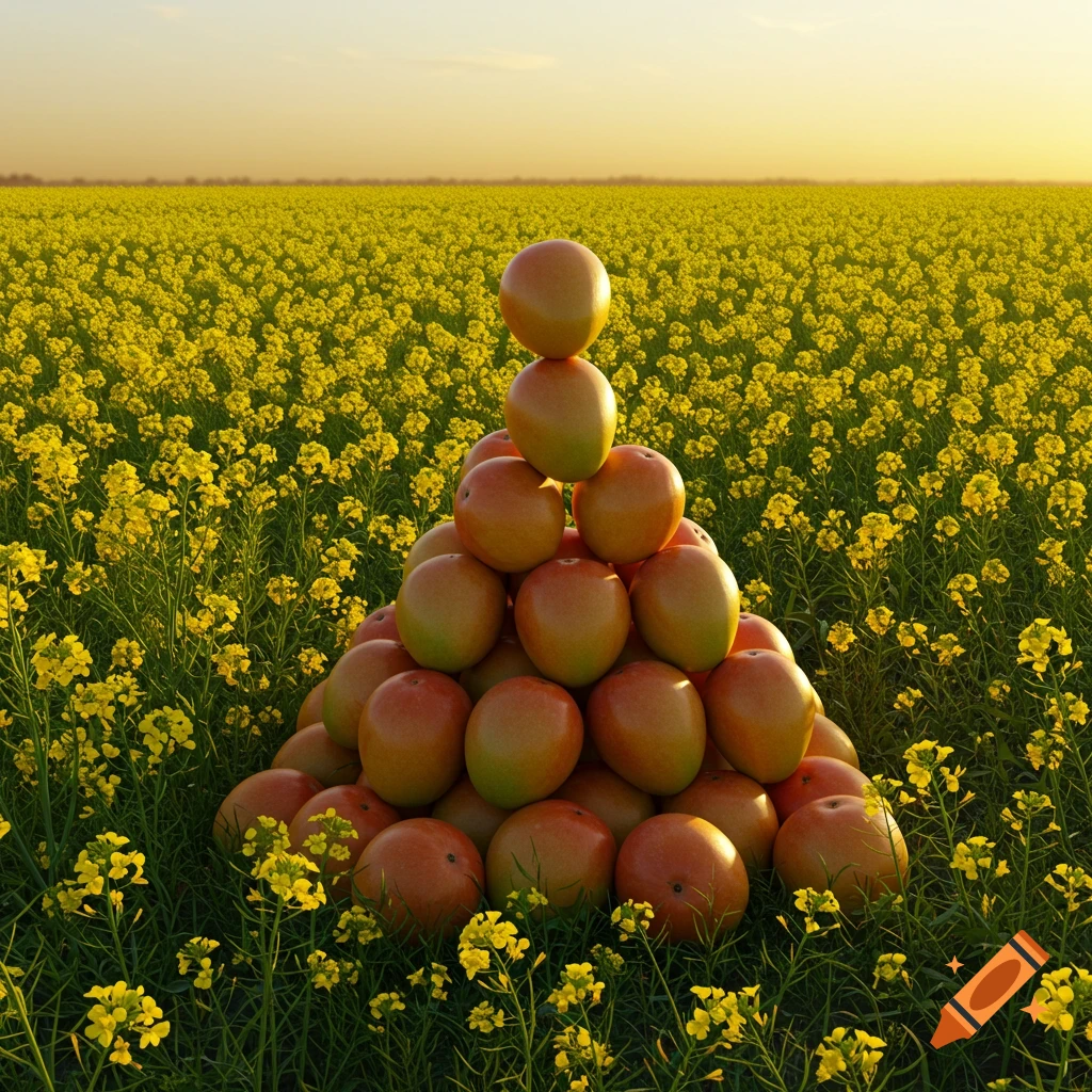 A pyramid of ripening mangoes stands in a vibrant yellow mustard field under a warm sunset sky. Photorealistic.