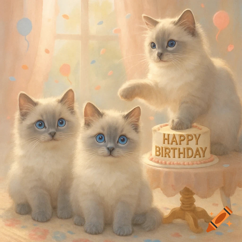 Three fluffy ragdoll kittens celebrating a birthday with a 'Happy Birthday' cake on a table. Soft, painterly style.