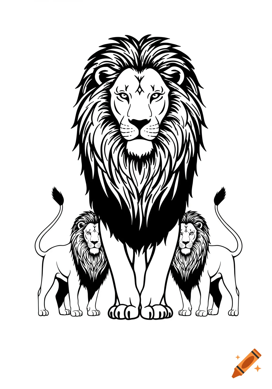 Black and white clip art illustration of three lions, with a large lion in the foreground and two smaller lions behind.