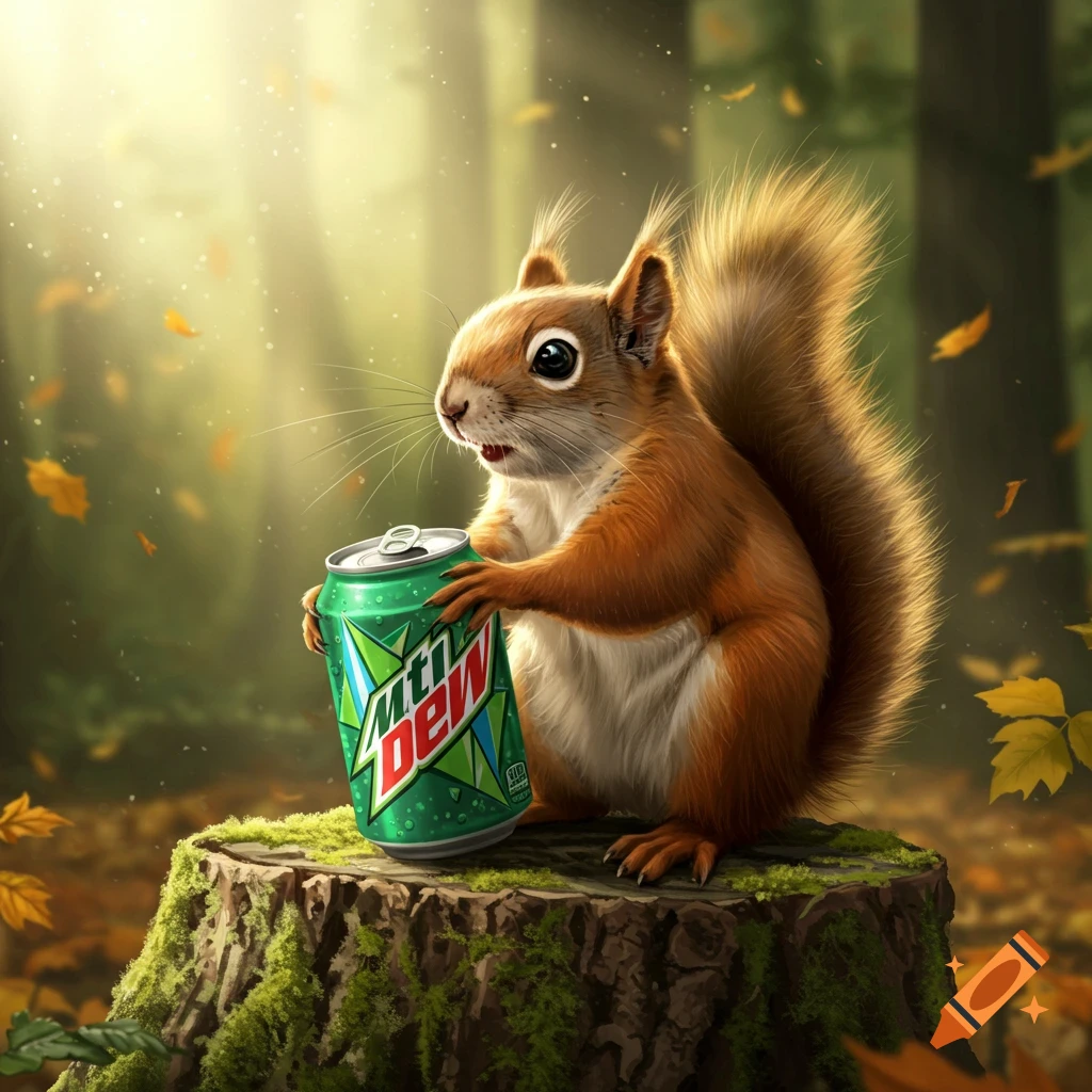 A photorealistic squirrel holds a Mountain Dew can on a mossy tree stump in a sunlit forest with falling autumn leaves.