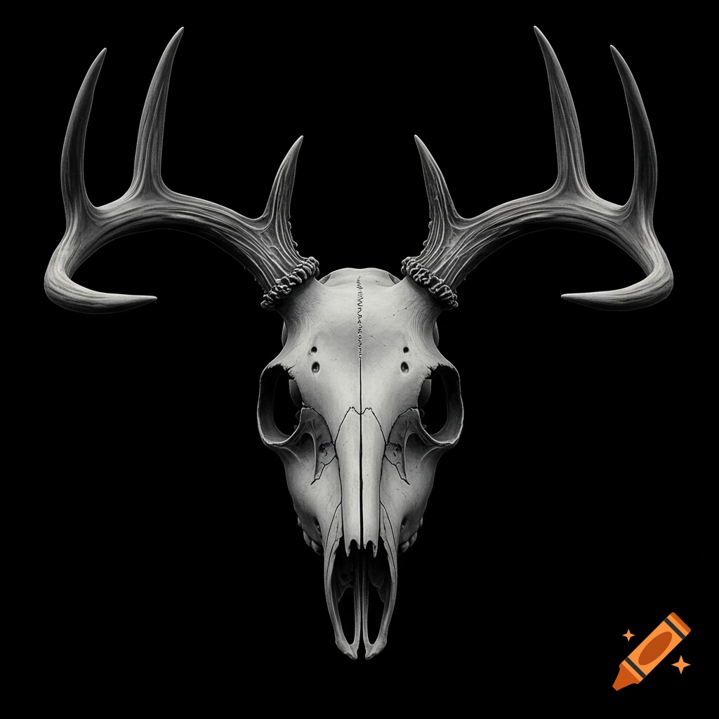 A close-up, black and white image of a deer skull with prominent antlers, set against a solid black background.
