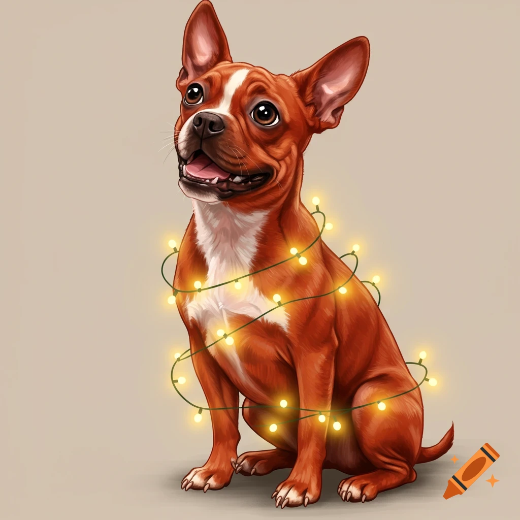 A happy reddish-brown Boston Terrier dog sitting, wrapped in glowing Christmas lights, on a plain background. Illustration style.