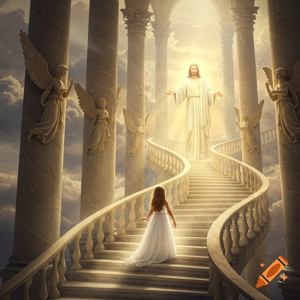 A girl in white ascends a grand, curving staircase towards a luminous Jesus in a cloudy, angelic heaven.