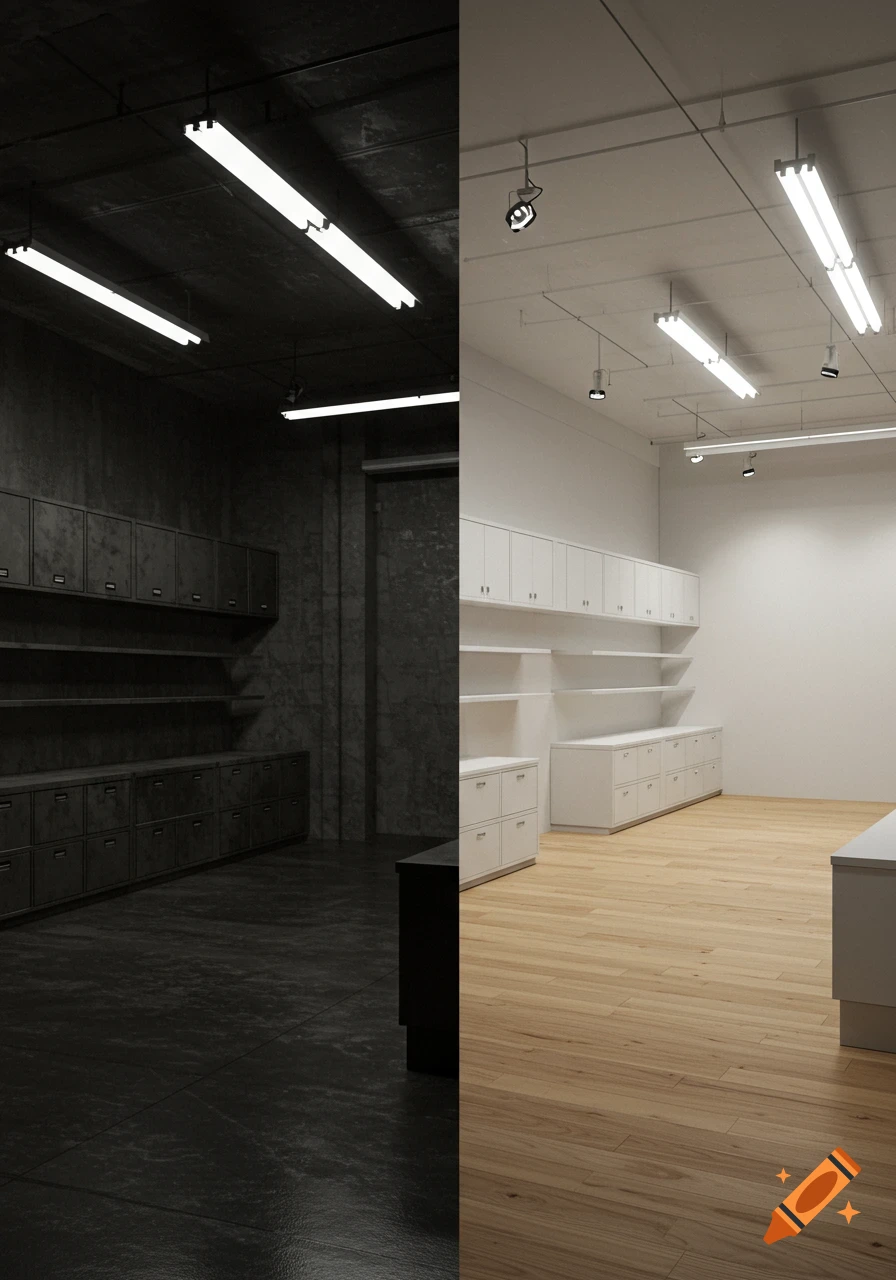 A side-by-side comparison of a commercial space, showing a dark, industrial room on the left and a bright, modern, renovated room on the right.