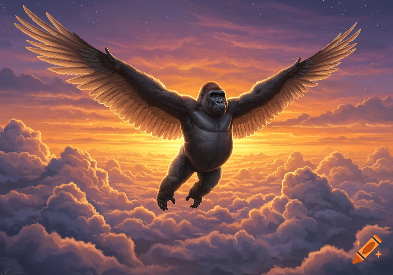 A gorilla with large wings flies through a cloudscape at sunset, with a vibrant orange and purple sky.