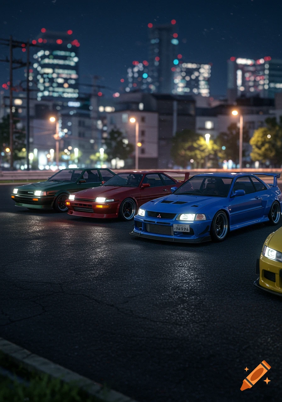 Photorealistic image of four customized sports cars lined up on a wet street in a Tokyo city at night.