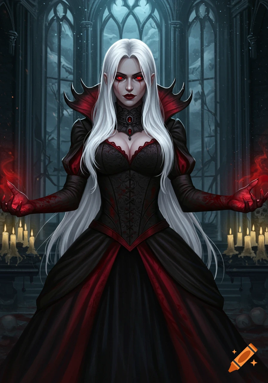 A pale woman with white hair and red eyes in a black and red gothic dress, with glowing red hands, standing in a candlelit hall.