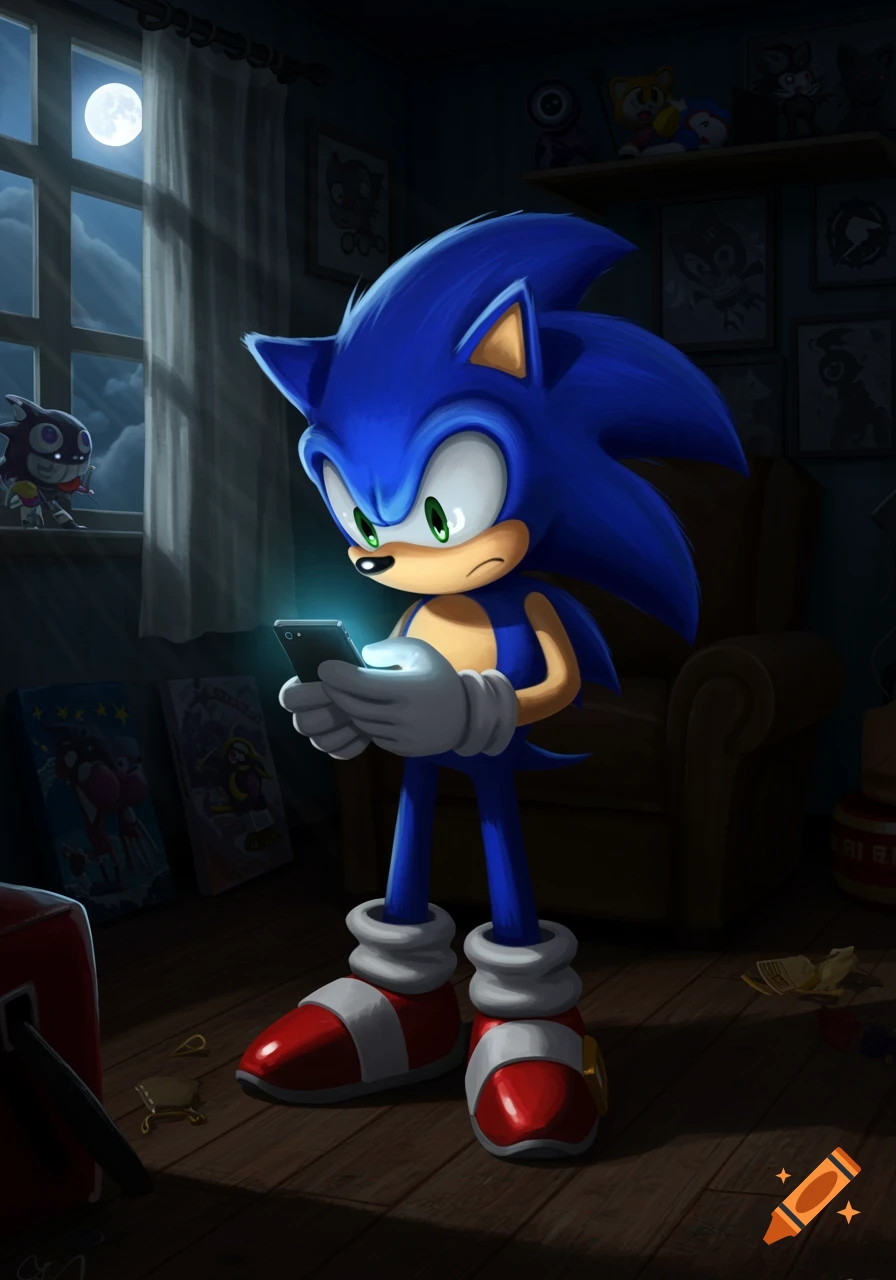 Sonic the Hedgehog stands in a dark room at night, illuminated by the bright screen of the phone he holds.