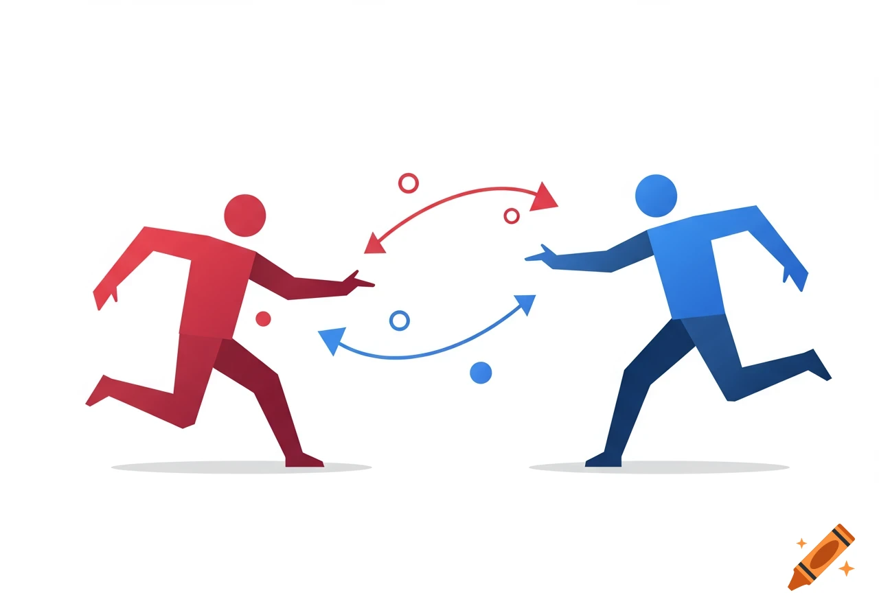 Two stylized figures, one red and one blue, face each other with curved arrows and circles between them, representing interaction.