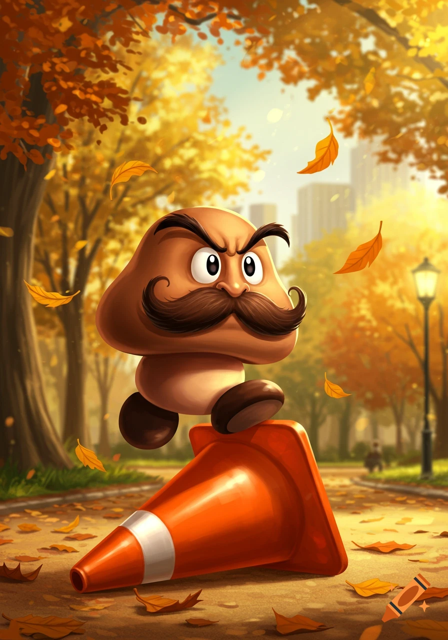 A stern-looking Goomba with a large mustache sits atop an orange traffic cone, surrounded by falling autumn leaves in a park setting.