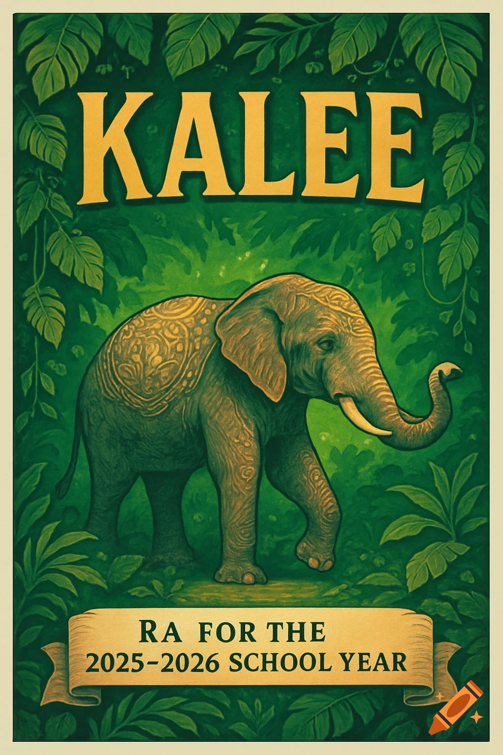 A jungle-themed poster featuring an elephant surrounded by lush green leaves. The name "KALEE" is at the top, and "RA FOR THE 2025-2026 SCHOOL YEAR" is on a banner at the bottom.