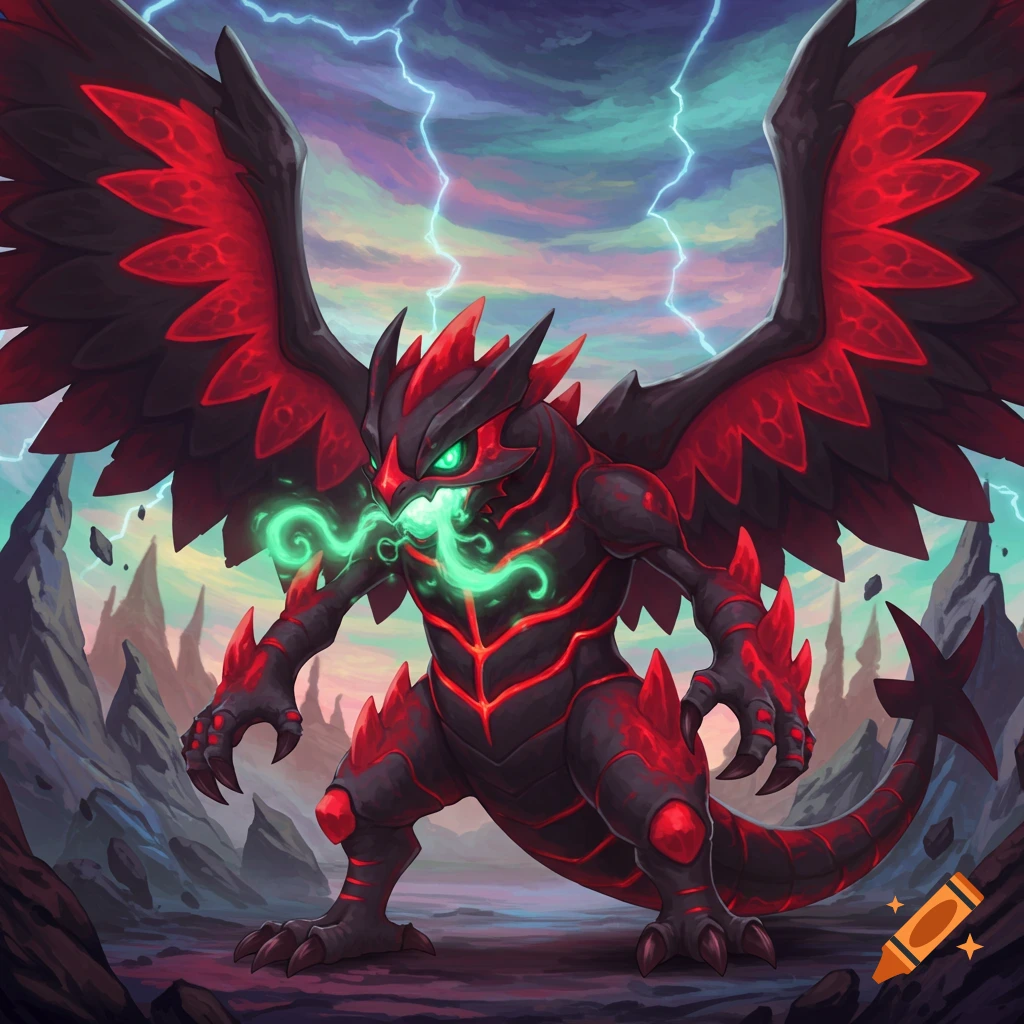 A formidable black and red demon lizard hawk creature with glowing green eyes and green mist from its mouth, stands in a stormy, rocky landscape with lightning.