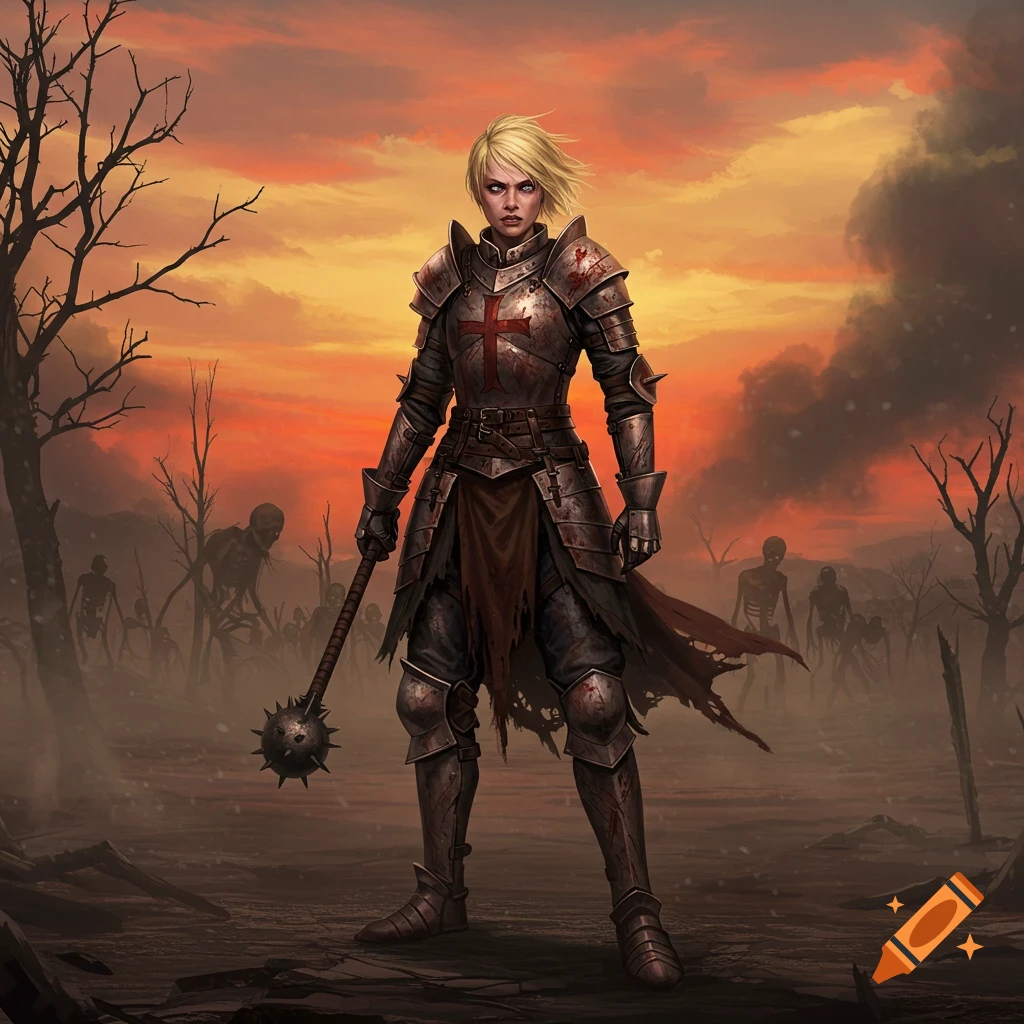 A blonde female crusader in blood-stained armor, holding a mace, stands in a desolate wasteland with zombies and dead trees under a dark orange sky.
