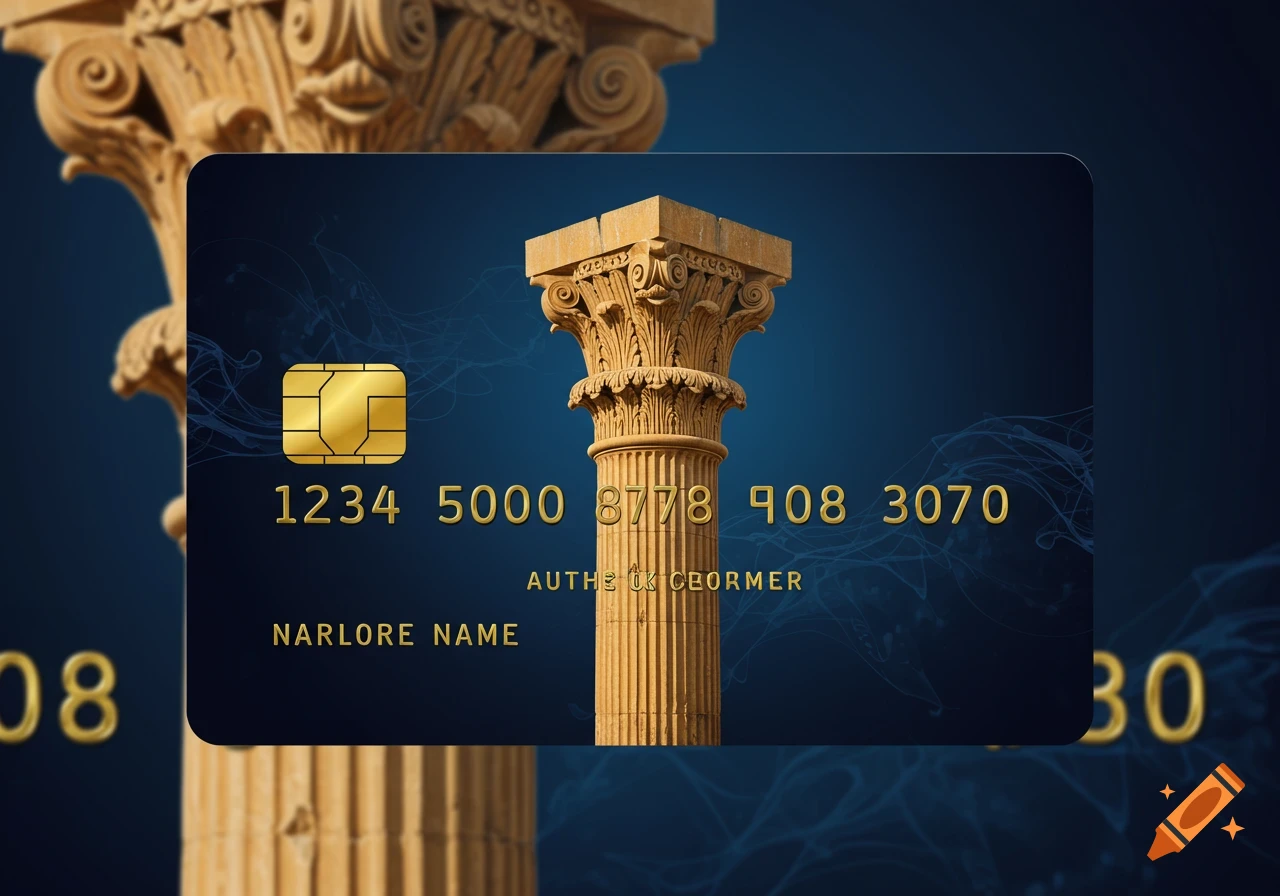 A dark blue credit card with a golden chip and a classical stone column featuring a Corinthian capital. Golden numbers and placeholder text are visible on the card.