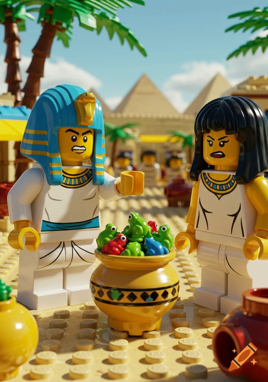 Lego Egyptian pharaoh and queen figures arguing over a pot of frogs in a desert setting with pyramids and palm trees.