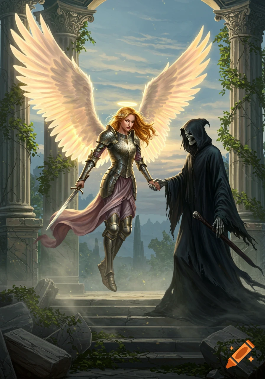 A warrior angel with glowing wings and a sword shakes hands with the Grim Reaper in ancient ruins.