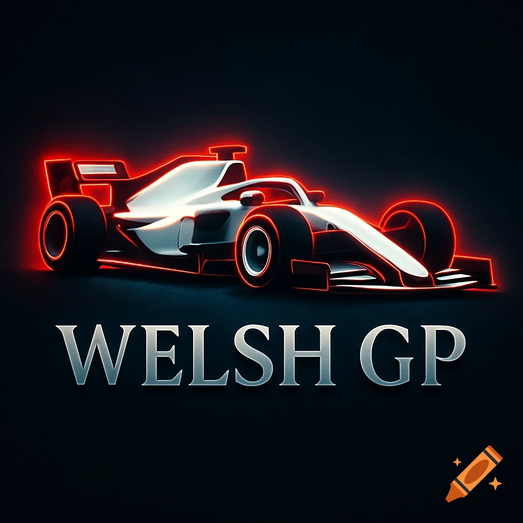 A white F1 race car outlined in red neon light on a dark background, with the words 'WELSH GP' in metallic silver text below it.