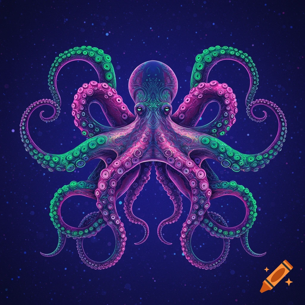 A vibrant, symmetrical psychedelic octopus with pink and green tentacles against a dark blue, star-speckled background.