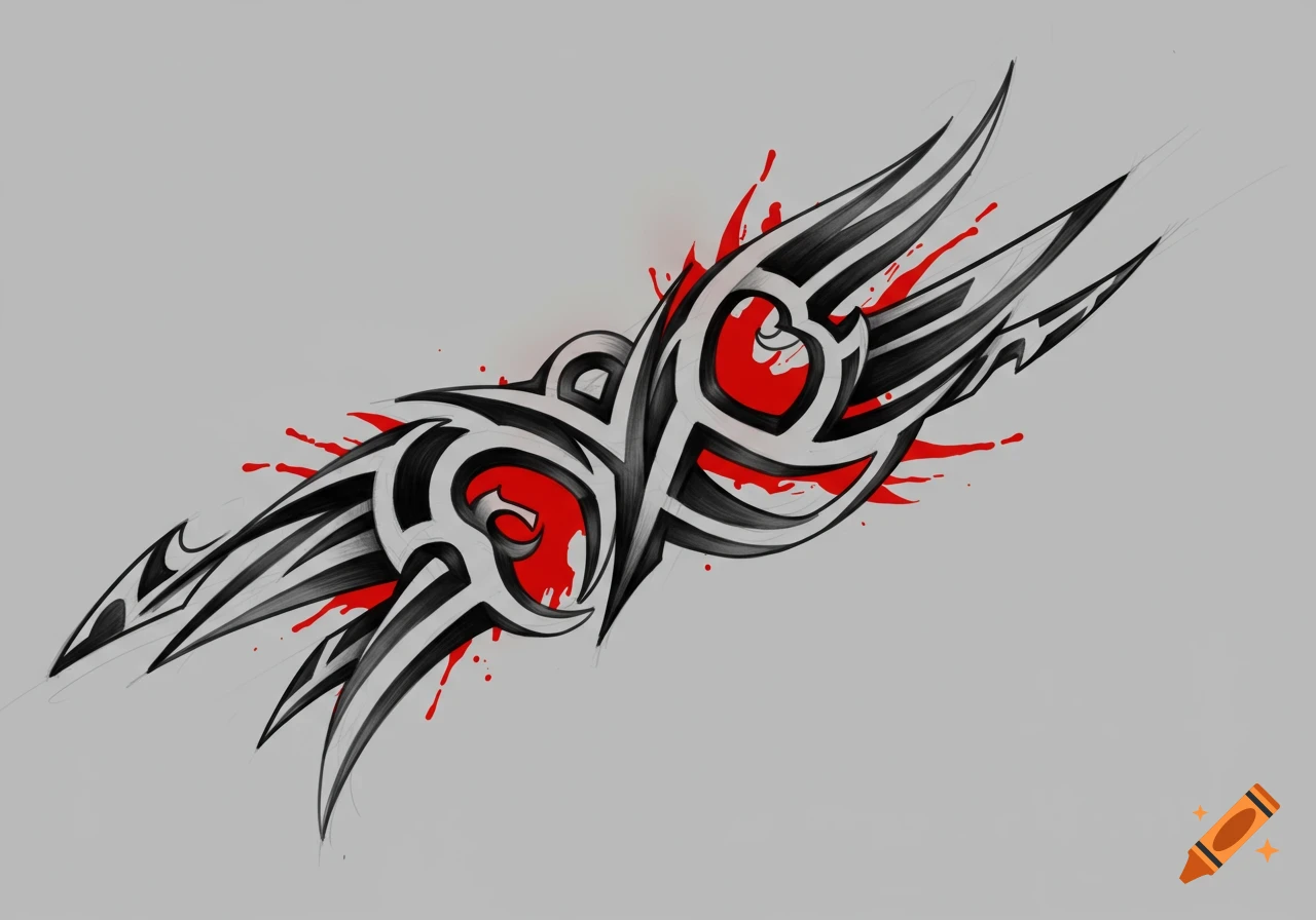 Black and white tribal tattoo design with red splattered accents on a light gray background.