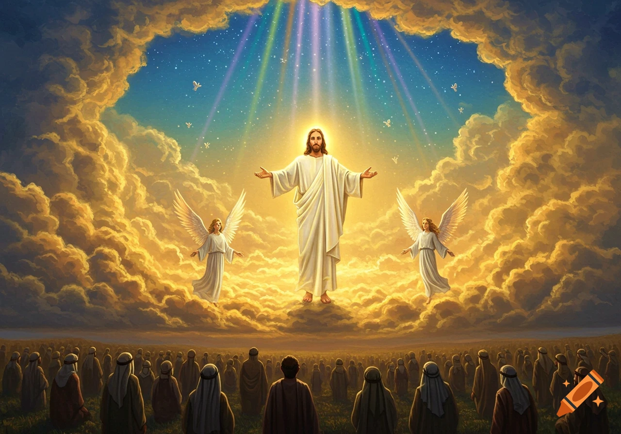 Jesus stands in the sky with two angels as a crowd looks up from below, surrounded by golden clouds and rays of light.