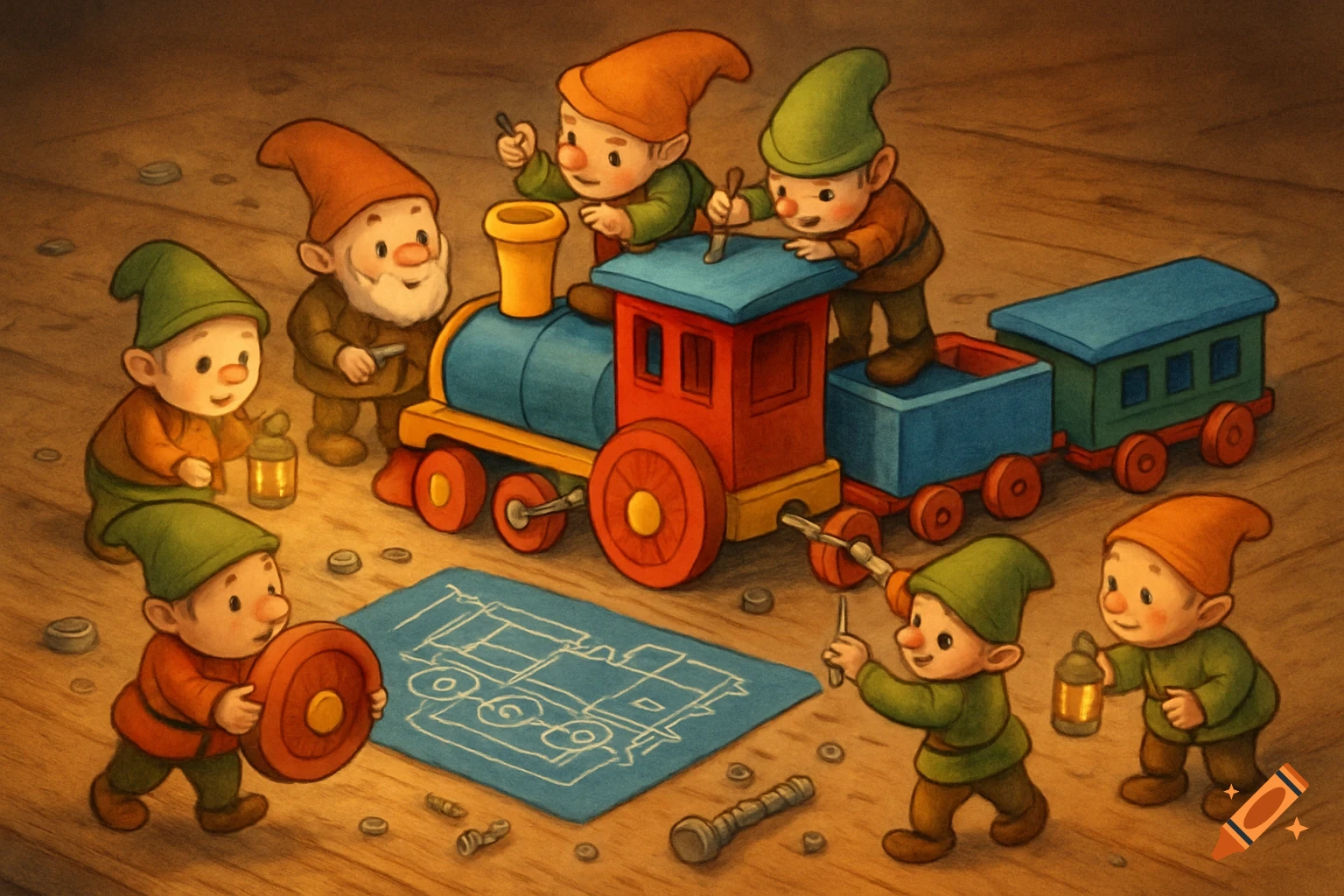 Tiny gnomes build a colorful toy train on a wooden table, surrounded by tools, parts, and a blueprint, in a cozy fairytale illustration style.
