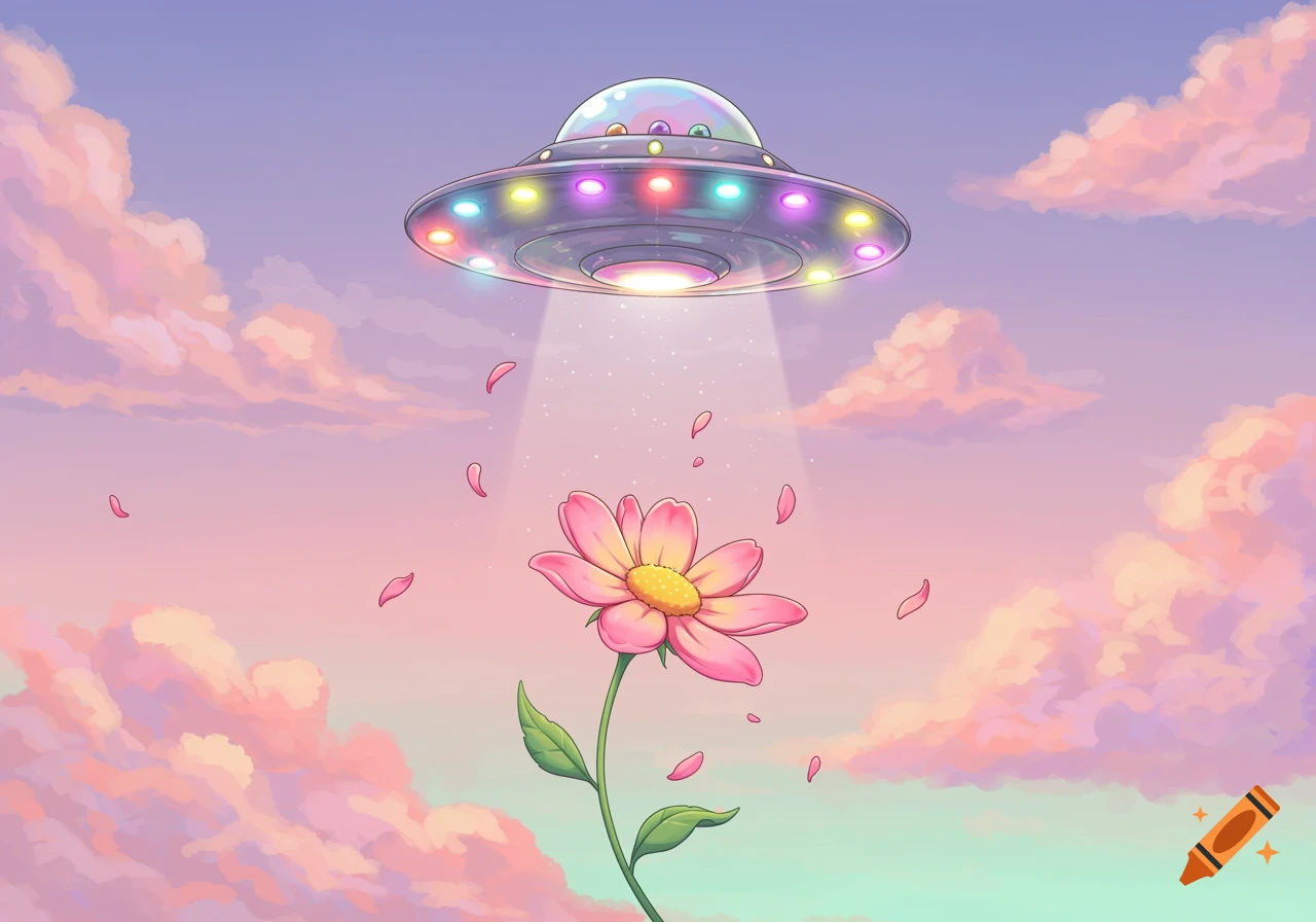 A cute pink flower is being abducted by a colorful UFO in a pastel sky with fluffy pink clouds.