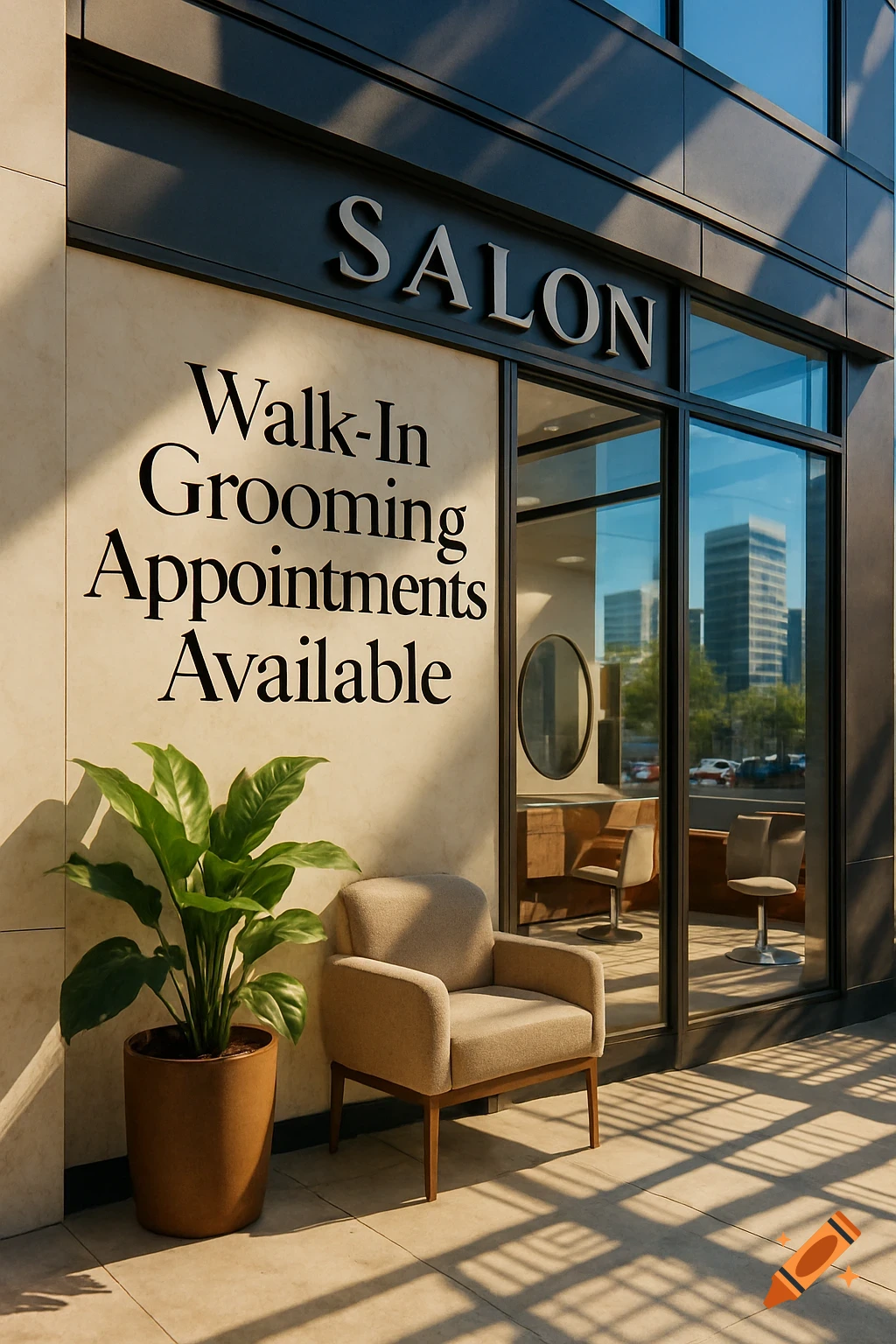 A photorealistic image of a modern salon storefront with a 'SALON' sign and 'Walk-In Grooming Appointments Available' text on the wall. A potted plant and a chair sit outside in dappled sunlight.