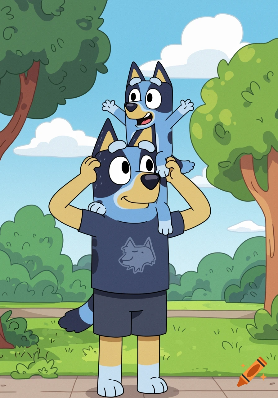 A cartoon father Blue Heeler dog carries his happy pup on his shoulders in a sunny park, in the style of Bluey.