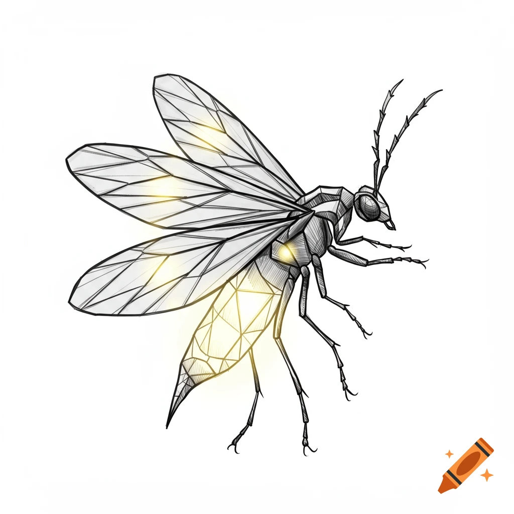 A black and white geometric line drawing of a firefly with glowing yellow sections on its wings and body.