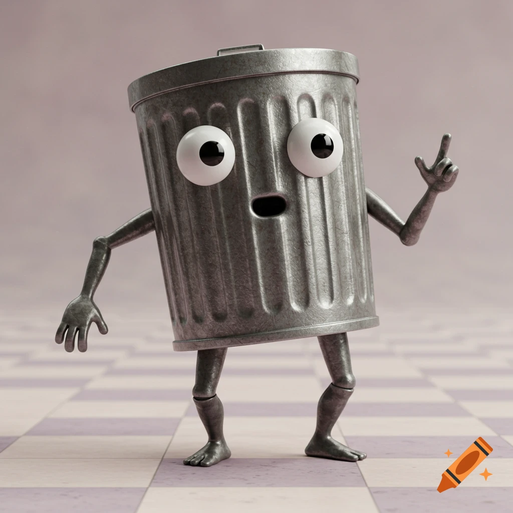 A 3D render of a gray metal trash can with large googly eyes, human-like arms and legs, standing on a checkered floor.