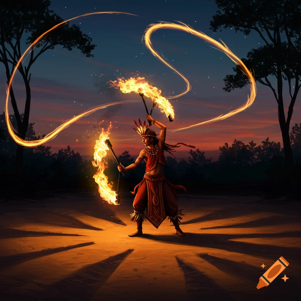A person in traditional clothing performs a fire dance with flaming torches against a twilight sky, leaving luminous trails.