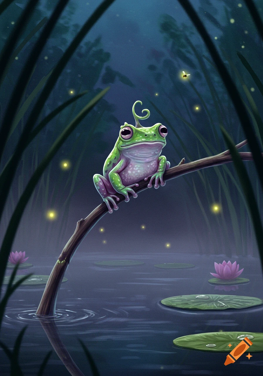 A cute green cartoon frog with a curly green sprout on its head sits on a branch over a dark pond with lily pads and glowing fireflies.