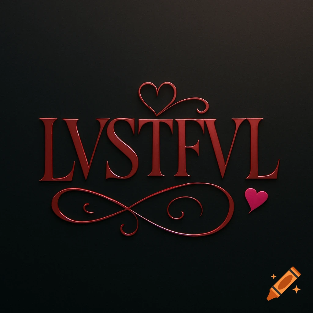 A dark red metallic logo with the text LVSTFVL, featuring a heart and decorative swirls on a black background.