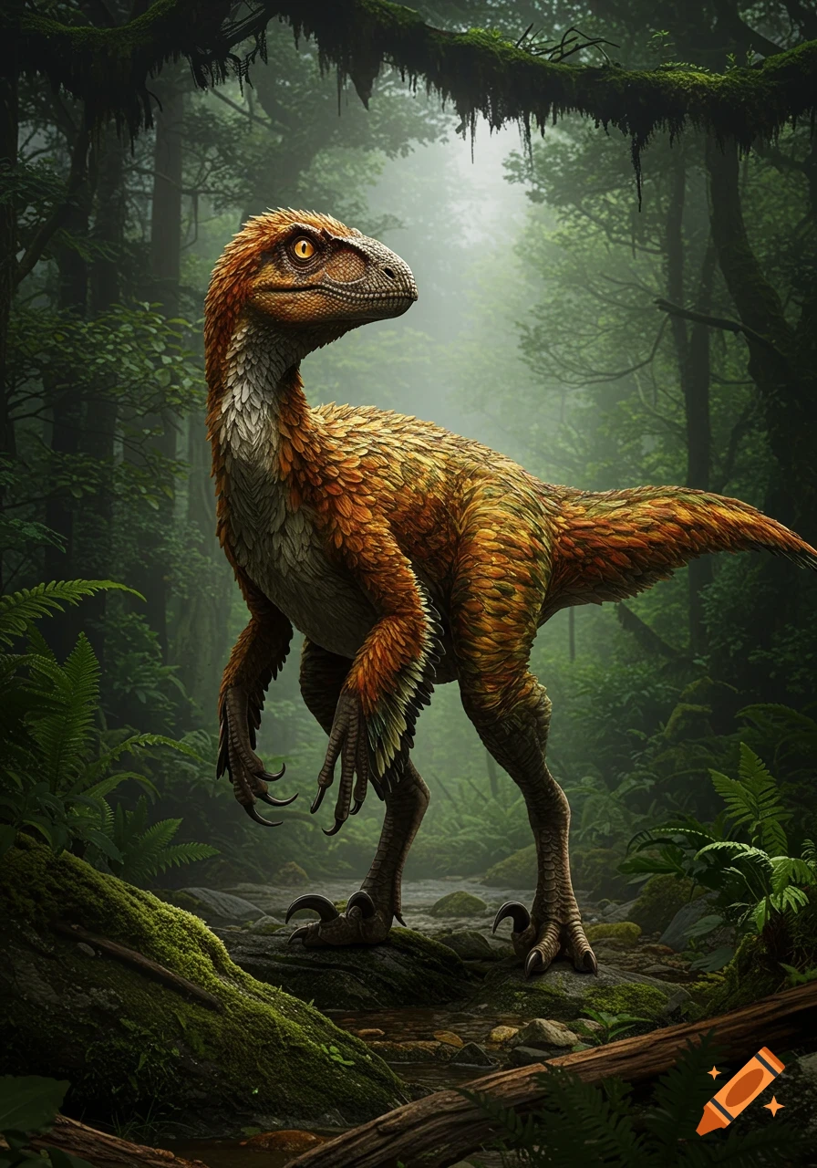 Photorealistic image of a feathered Utahraptor standing in a misty, dense jungle.