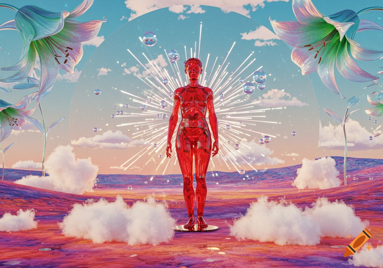 A red, reflective humanoid statue stands in a vibrant, surreal landscape with giant flowers, clouds, and a light burst.