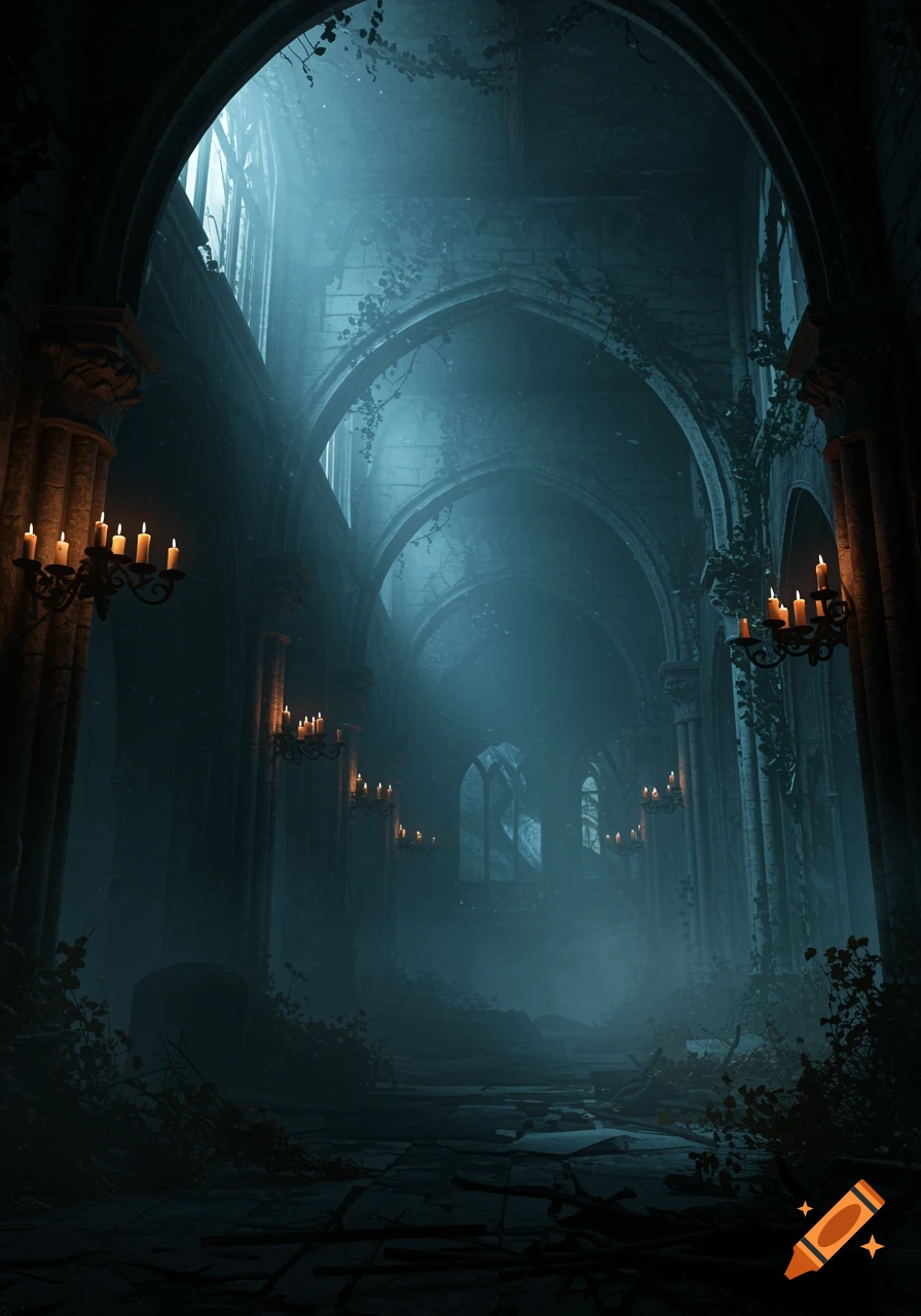 A dark, misty, ruined gothic cathedral interior with glowing candles and light streaming through tall windows.