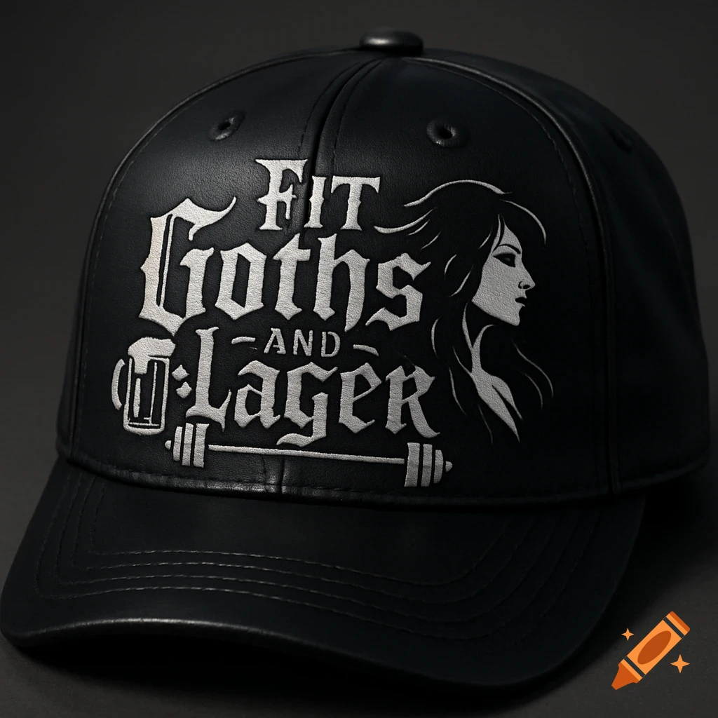 A black baseball cap with white embossed text that reads "FIT Goths -AND- Lager" next to a silhouette of a woman's profile and a beer mug and barbell design.